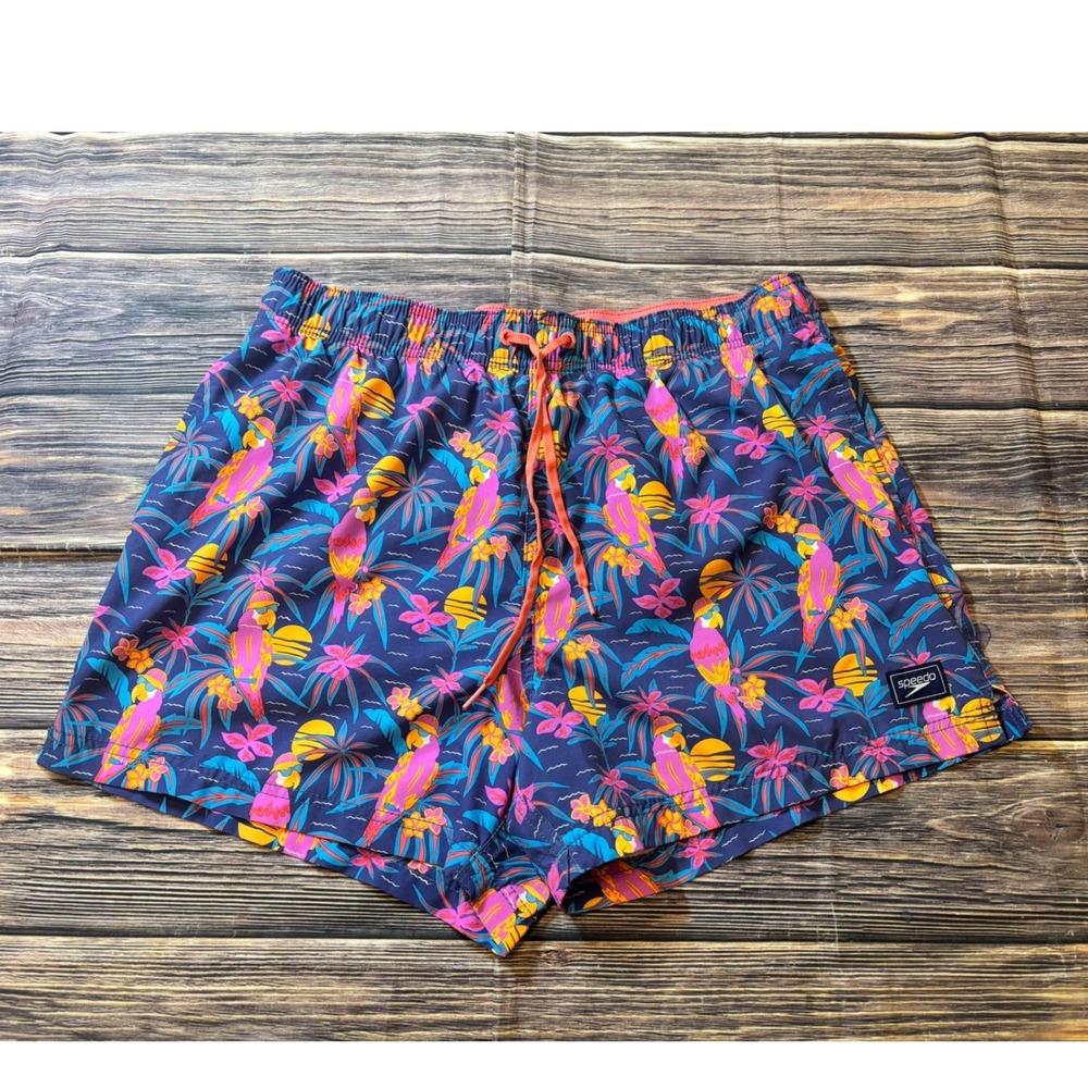 Speedo Mens Tropical Parrot Floral Swim Trunks Navy Blue Board Shorts Large